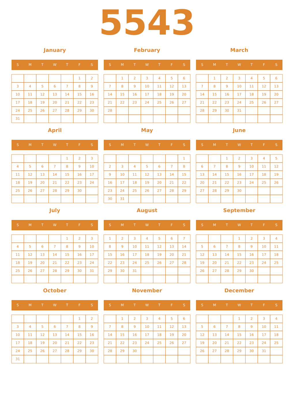 Printable 5543 Year Calendars orange