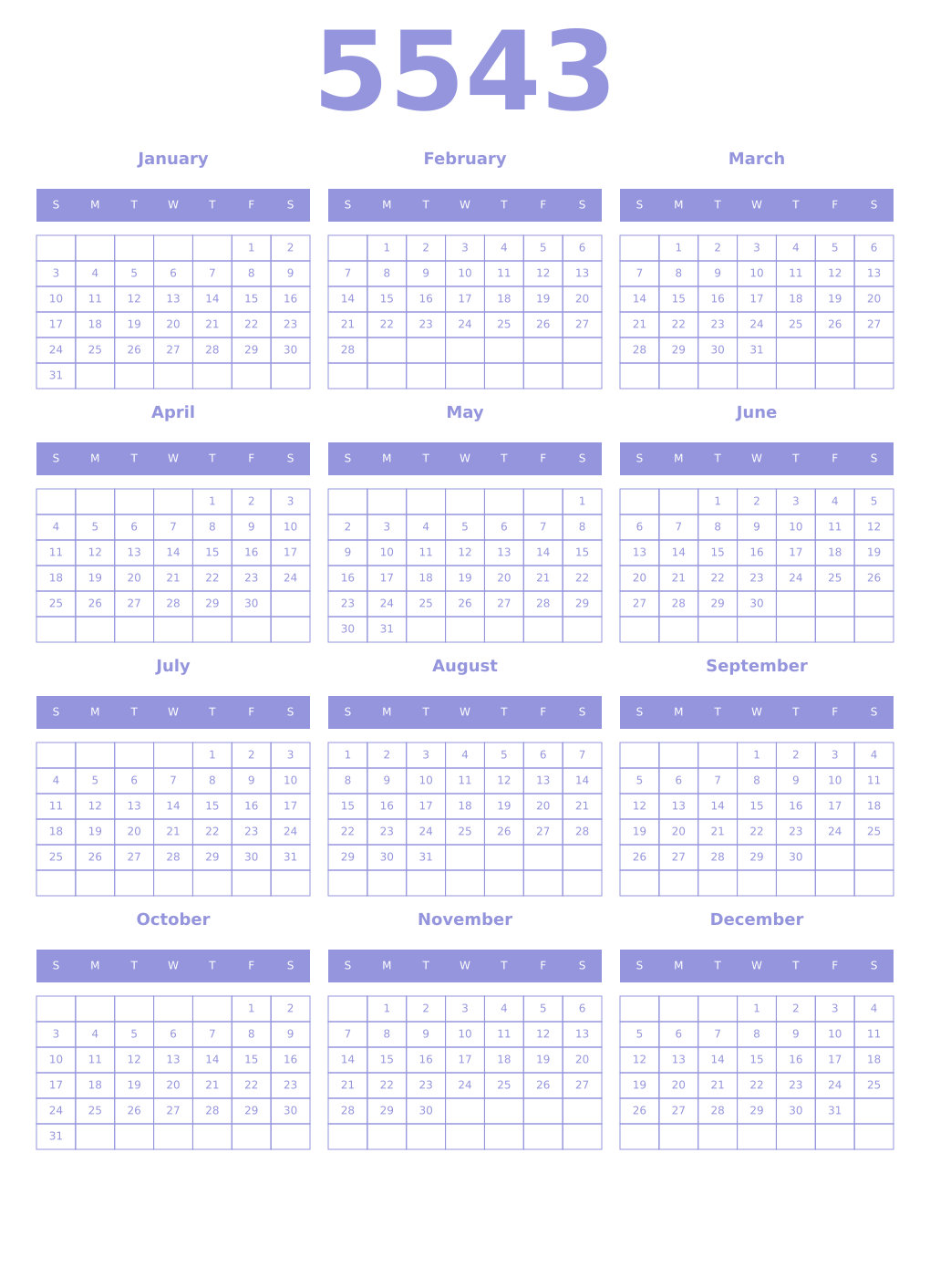 Printable 5543 Year Calendars periwinkle