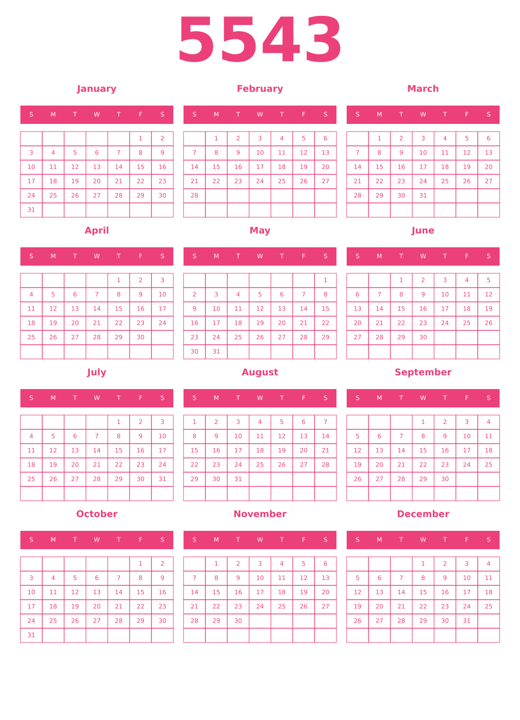 Printable 5543 Year Calendars pink