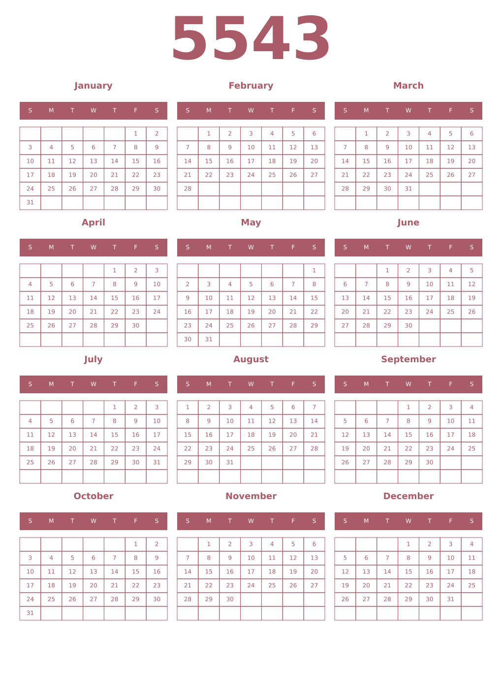 Printable 5543 Year Calendars puce
