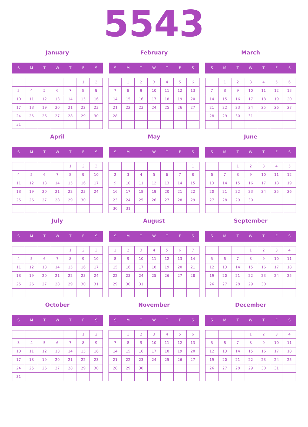 Printable 5543 Year Calendars purple
