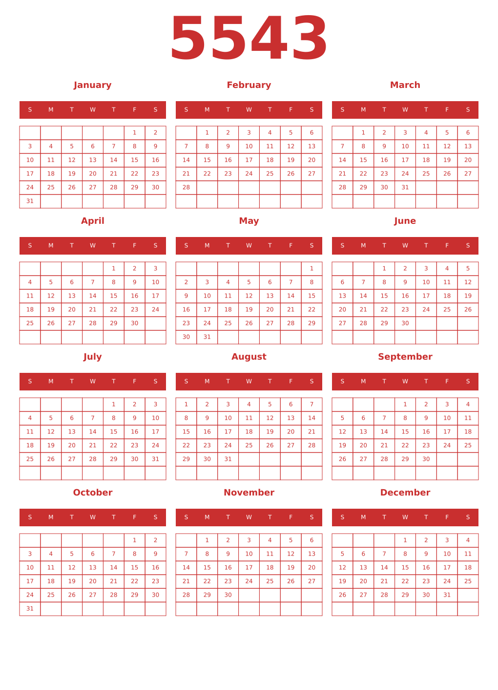 Printable 5543 Year Calendars red