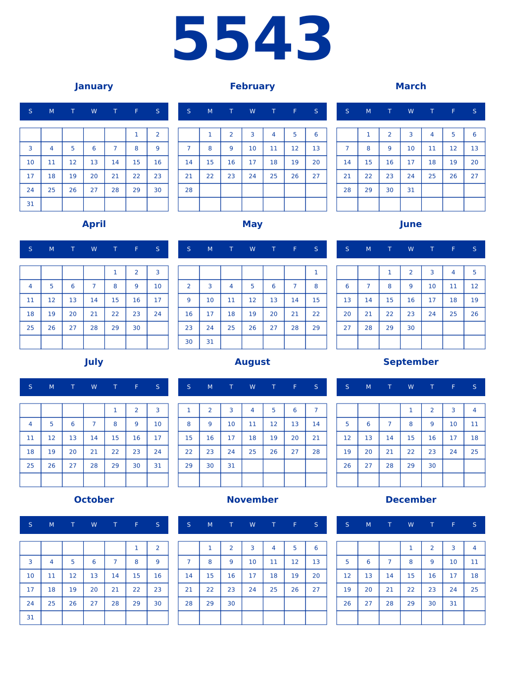 Printable 5543 Year Calendars smalt