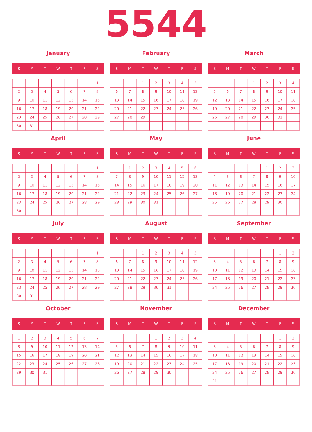 Printable 5544 Year Calendars amaranth