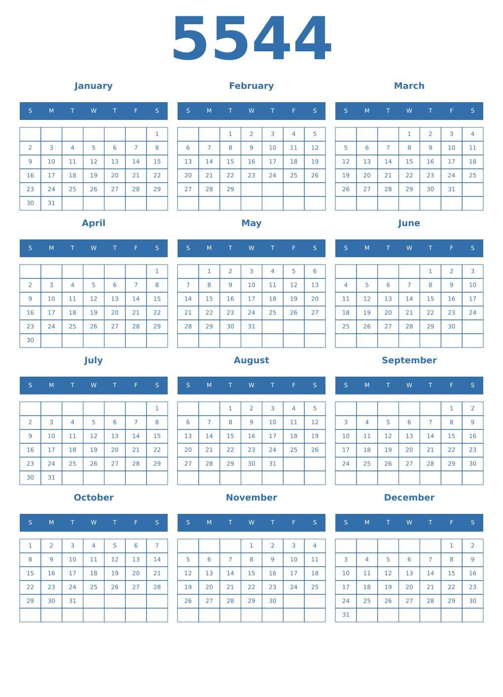 Printable 5544 Year Calendars blue