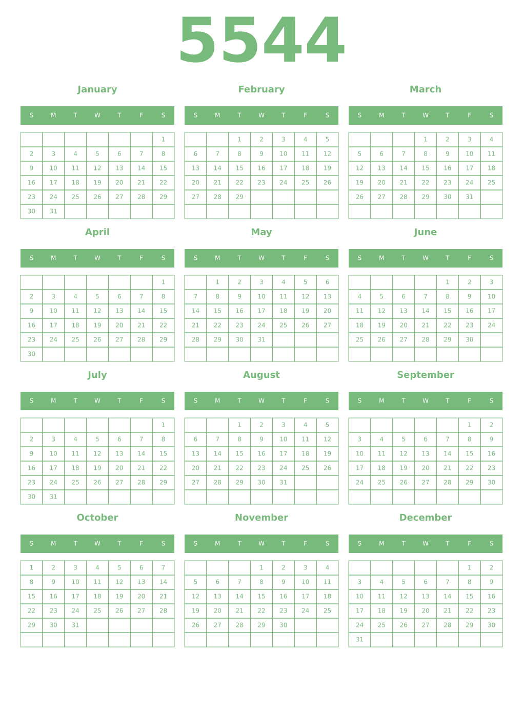 Printable 5544 Year Calendars celadon