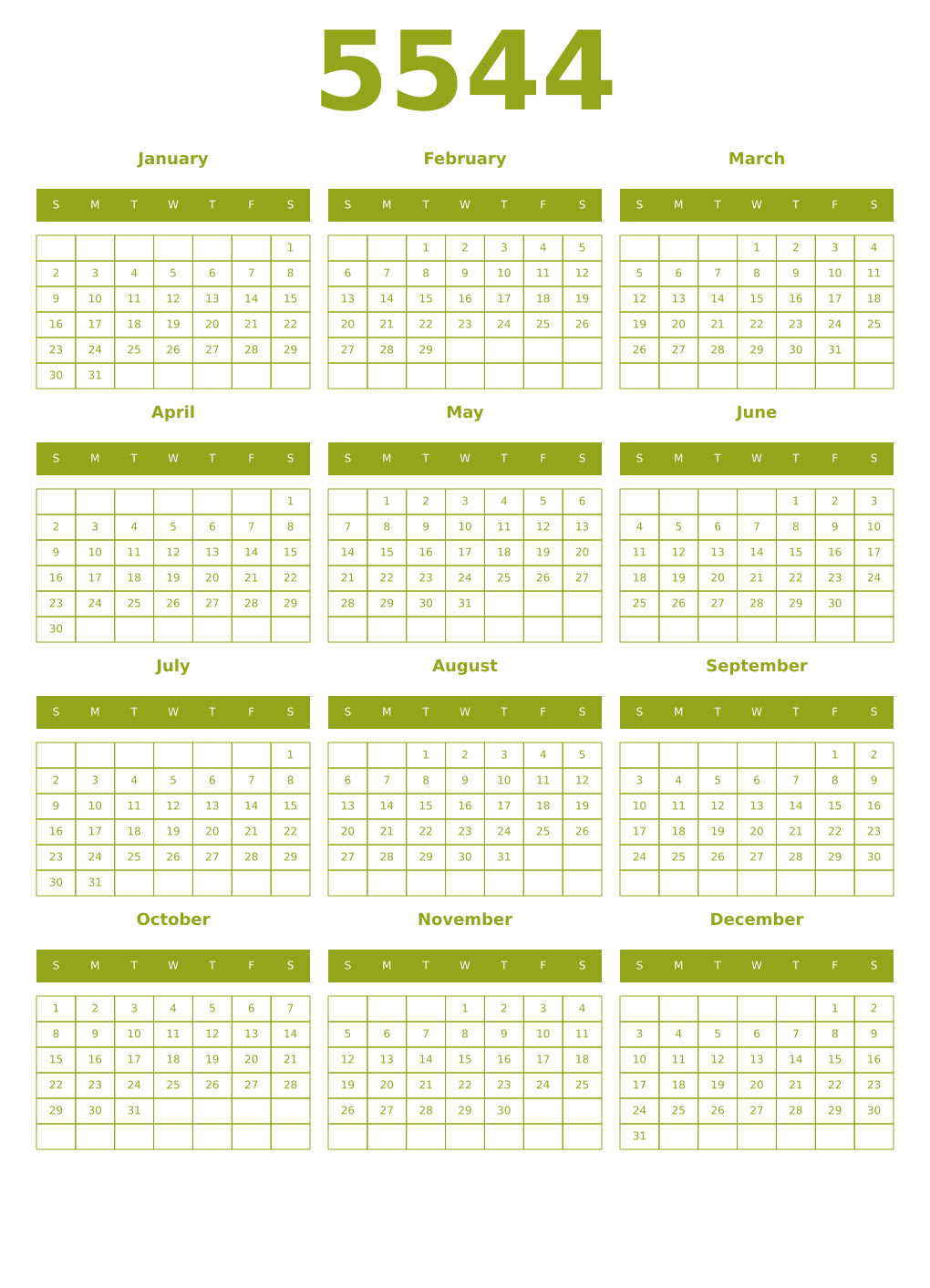 Printable 5544 Year Calendars chartreuse