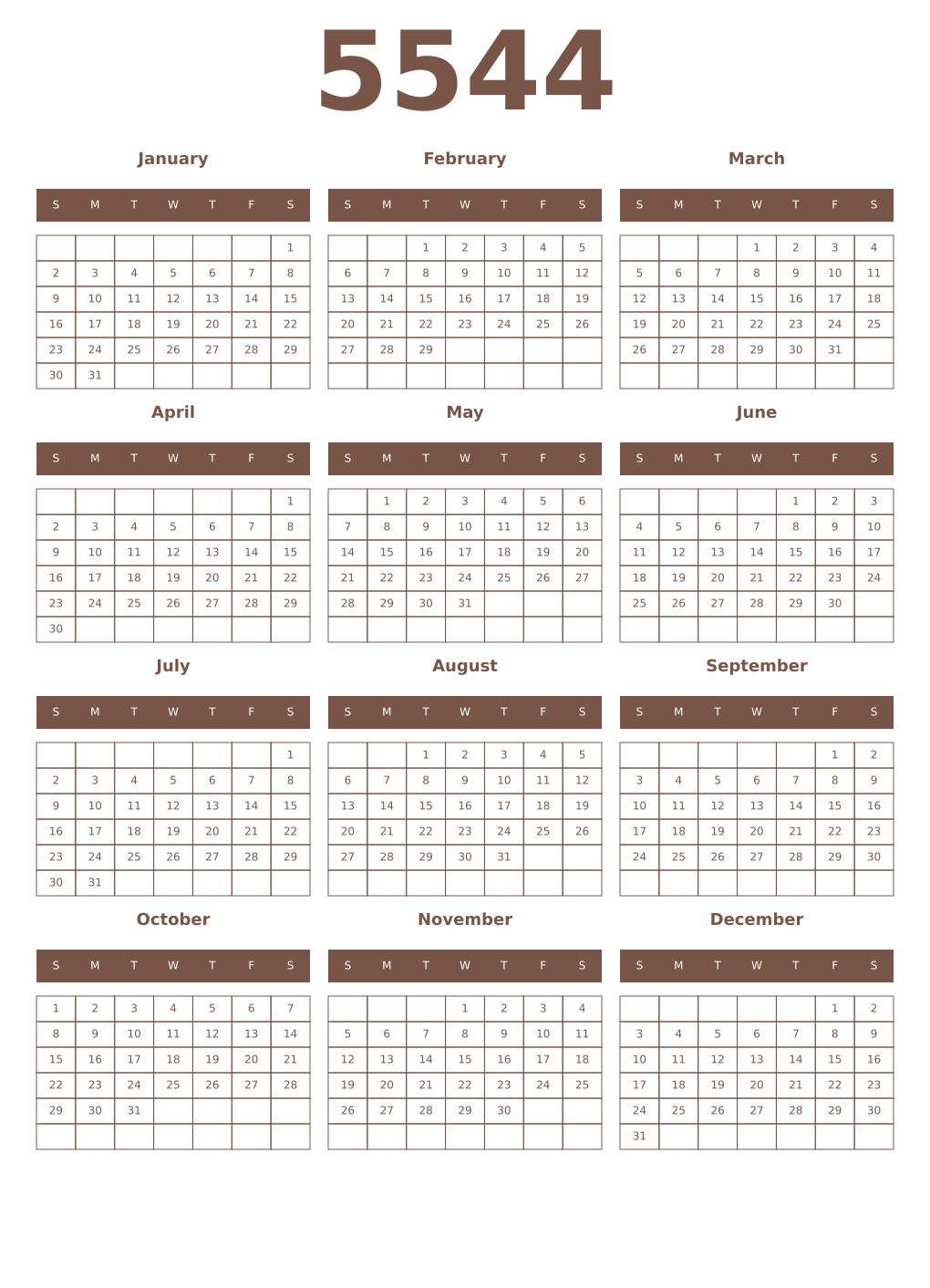Printable 5544 Year Calendars coffe
