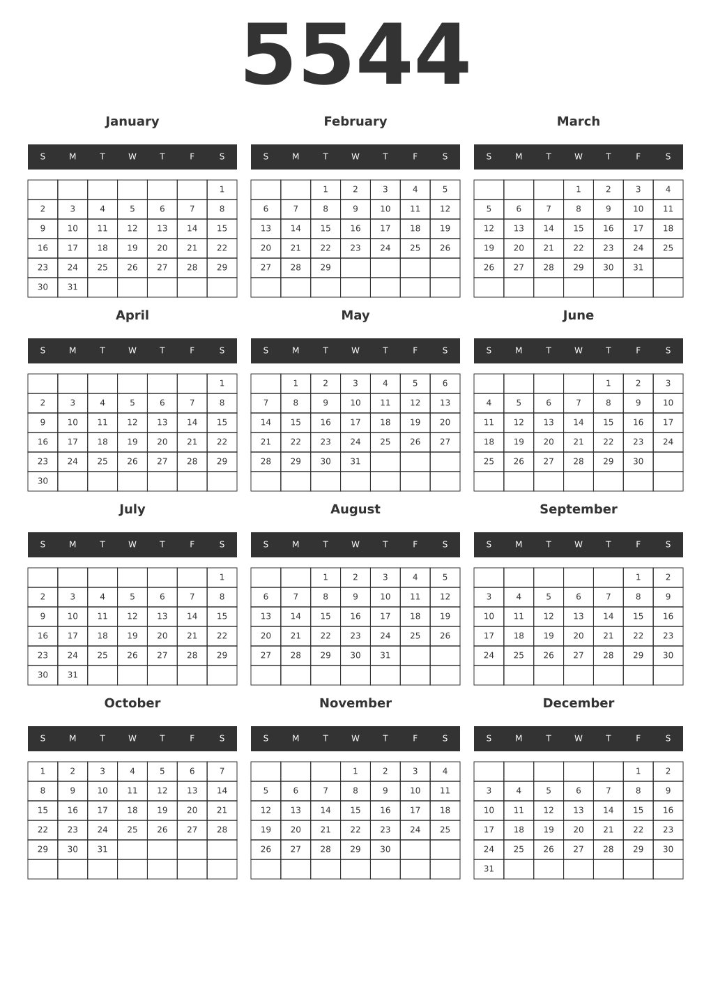 Printable 5544 Year Calendars dark