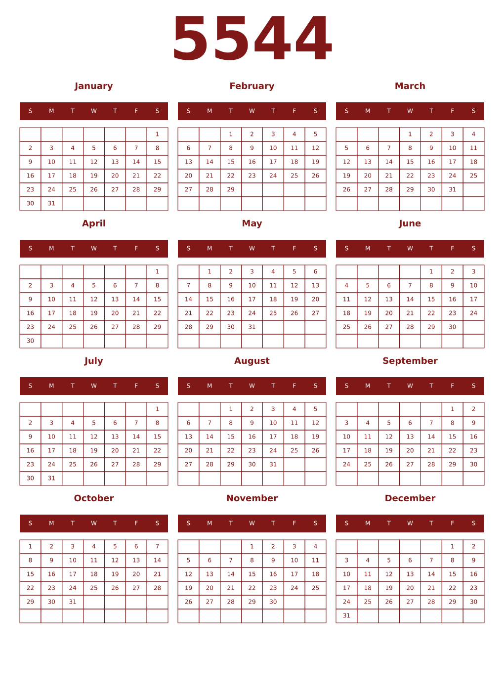 Printable 5544 Year Calendars falu