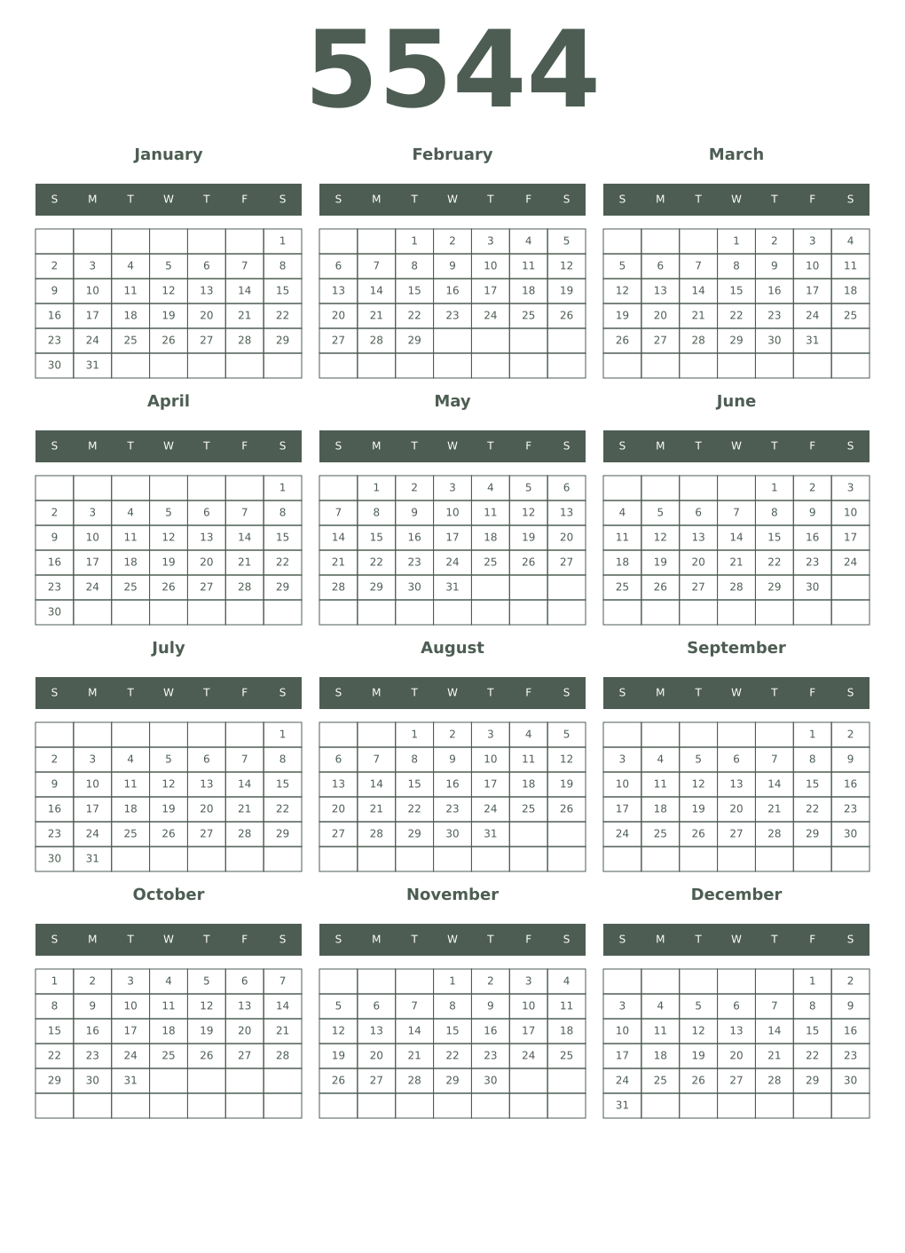 Printable 5544 Year Calendars feldgrau