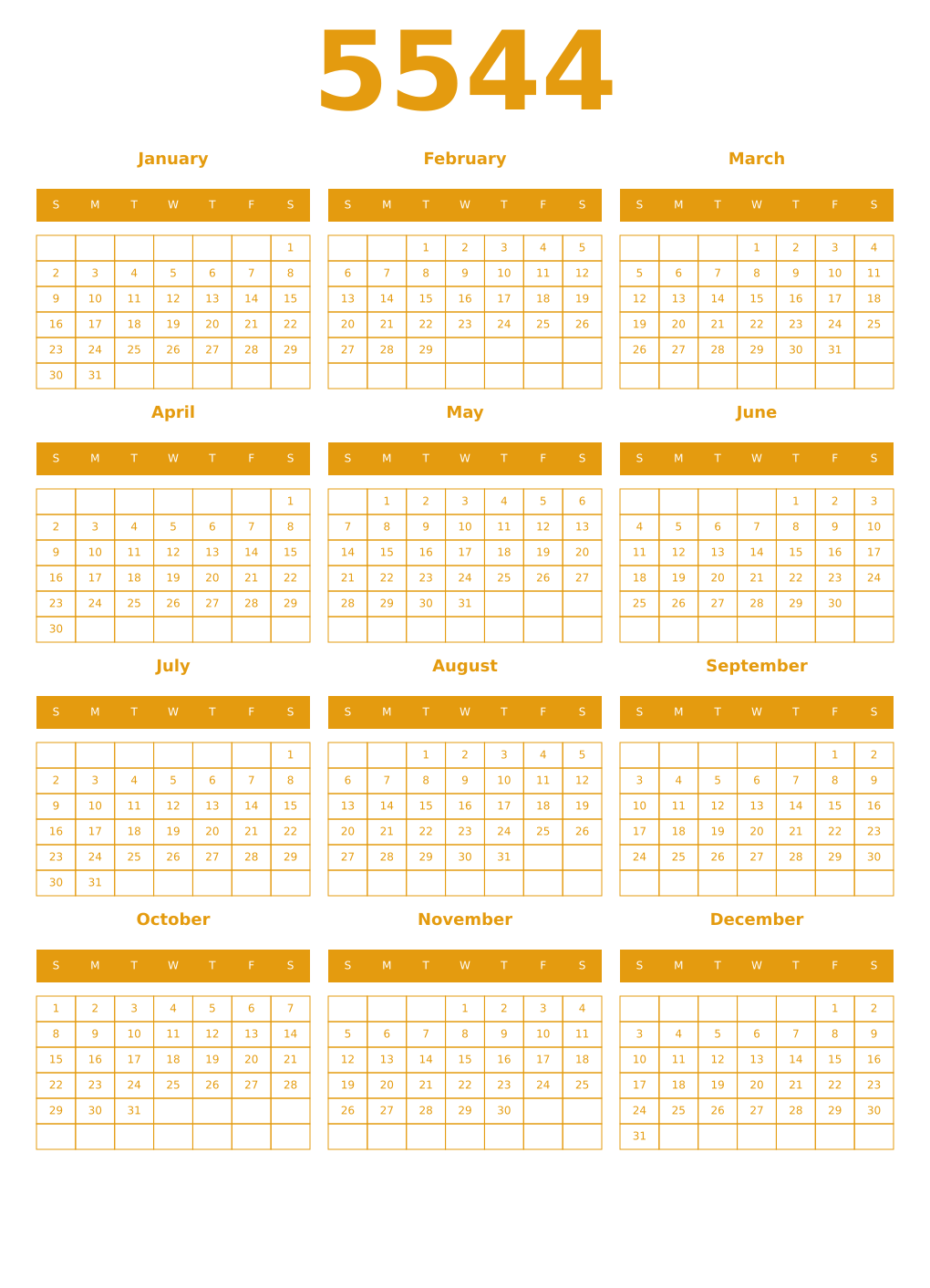Printable 5544 Year Calendars gamboge