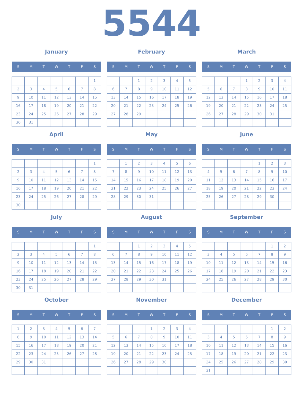 Printable 5544 Year Calendars glaucous