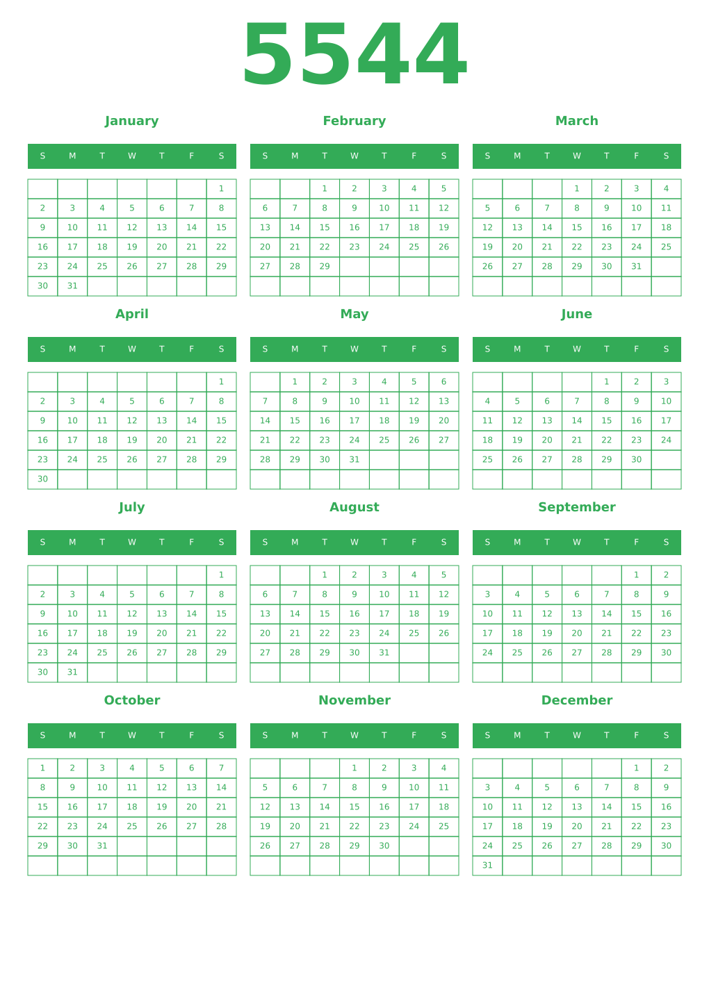 Printable 5544 Year Calendars green
