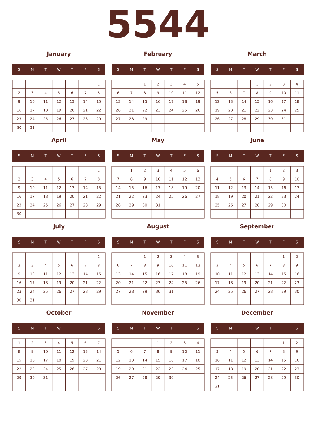 Printable 5544 Year Calendars mortuum