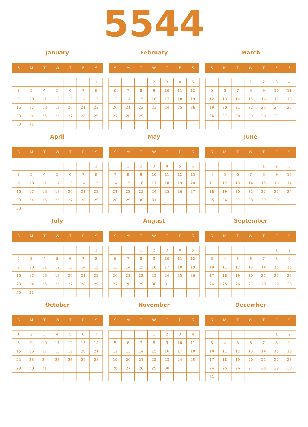 Printable 5544 Year Calendars orange