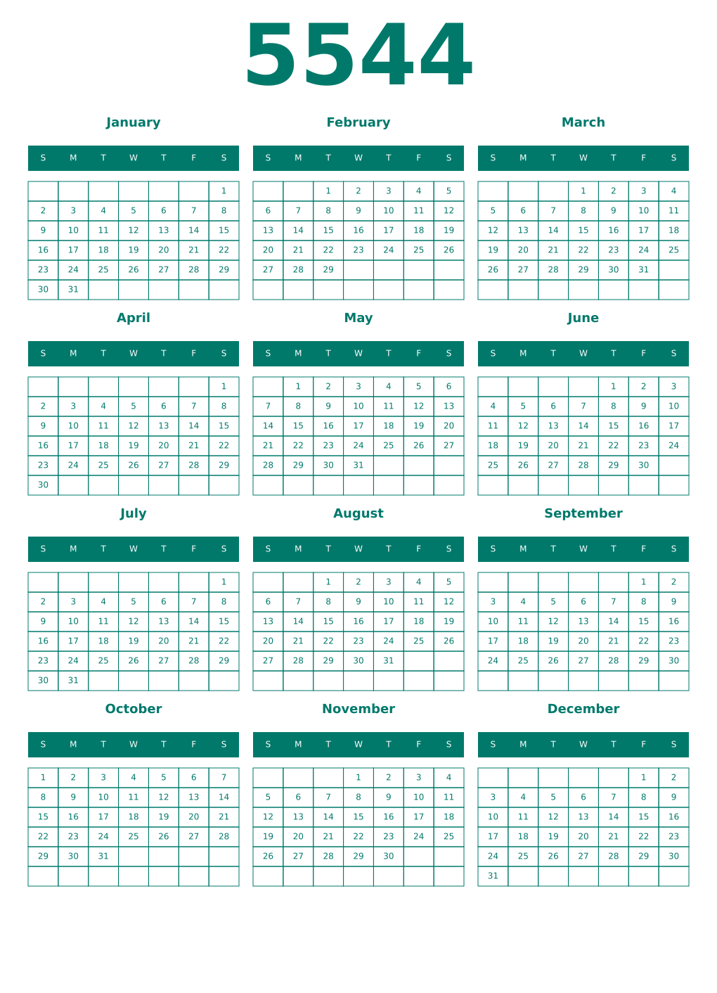 Printable 5544 Year Calendars pastel