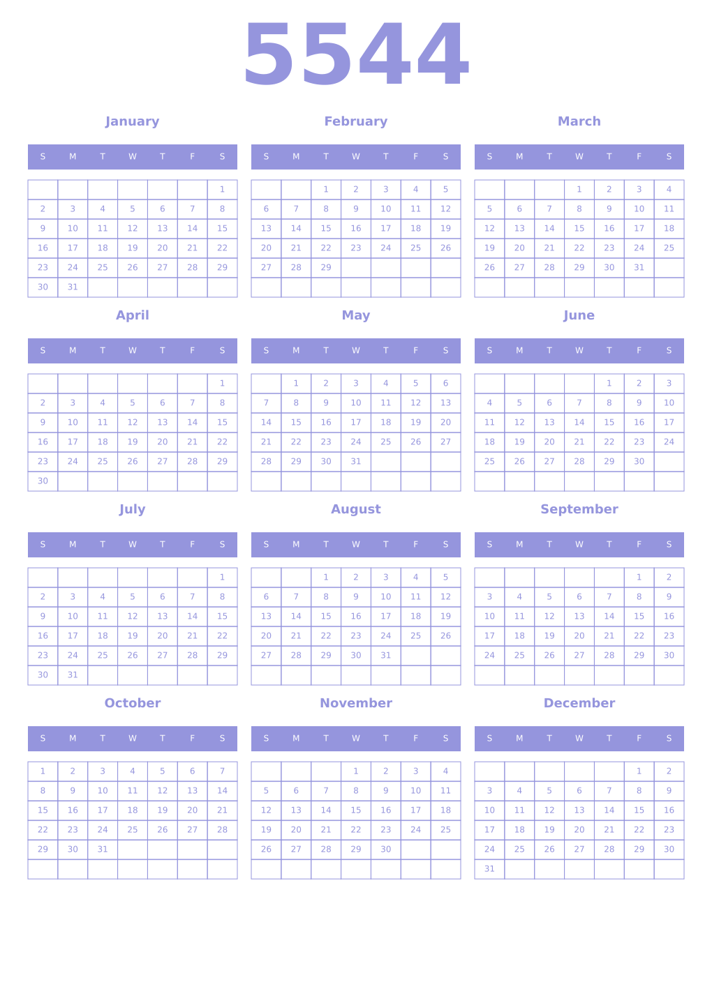 Printable 5544 Year Calendars periwinkle