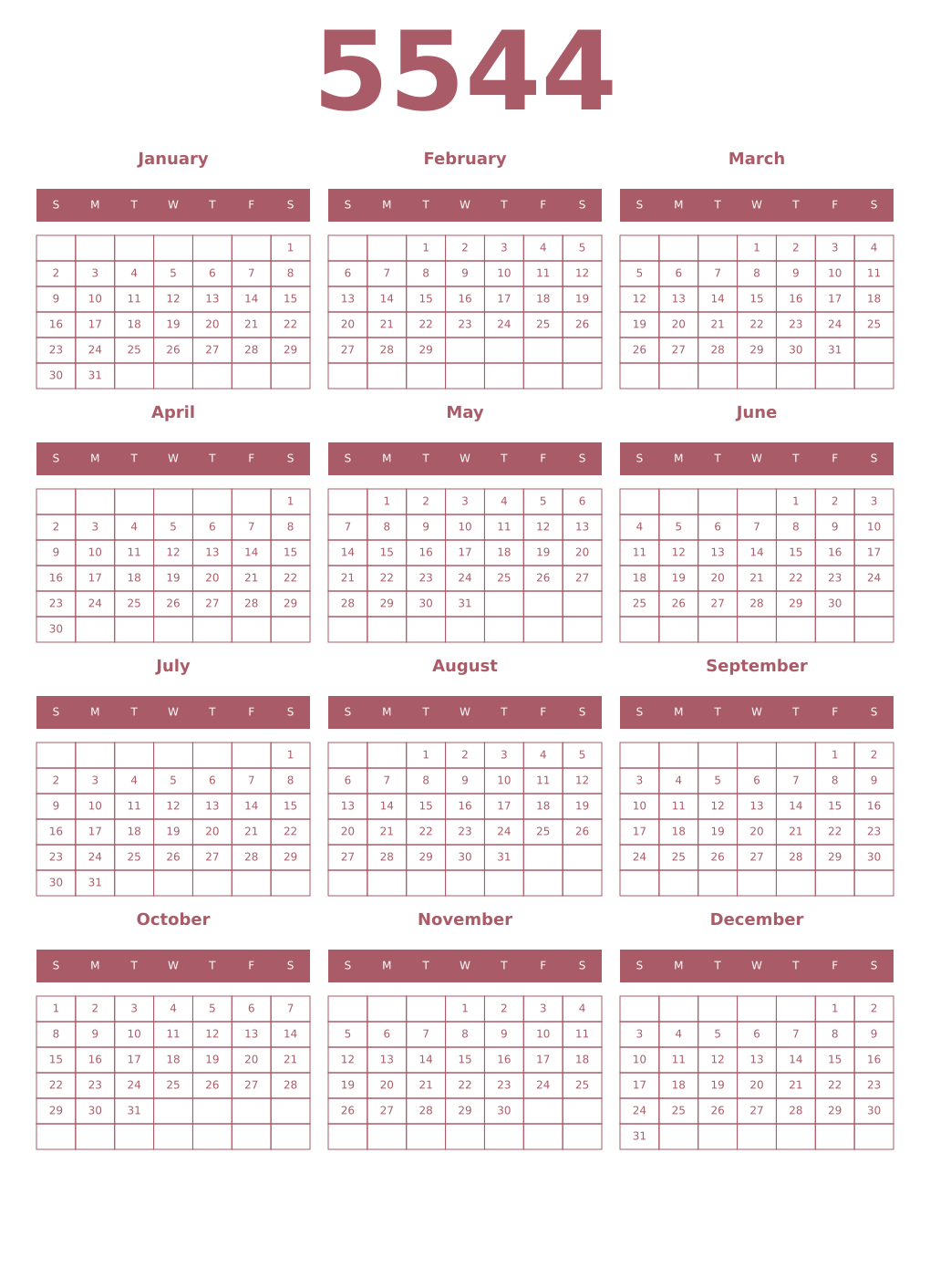 Printable 5544 Year Calendars puce