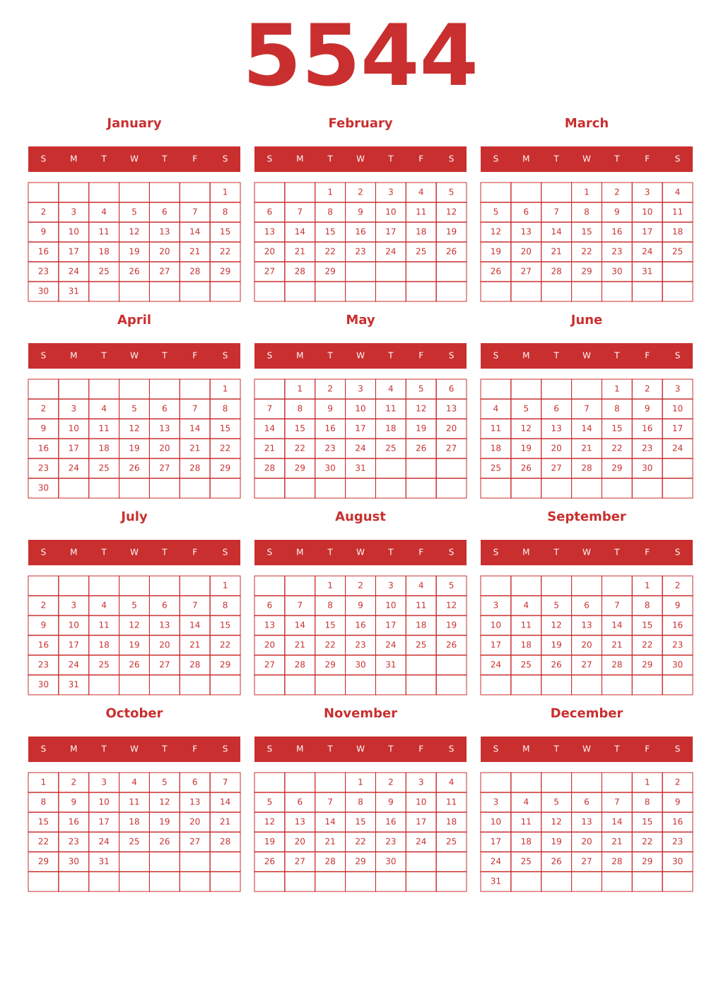 Printable 5544 Year Calendars red