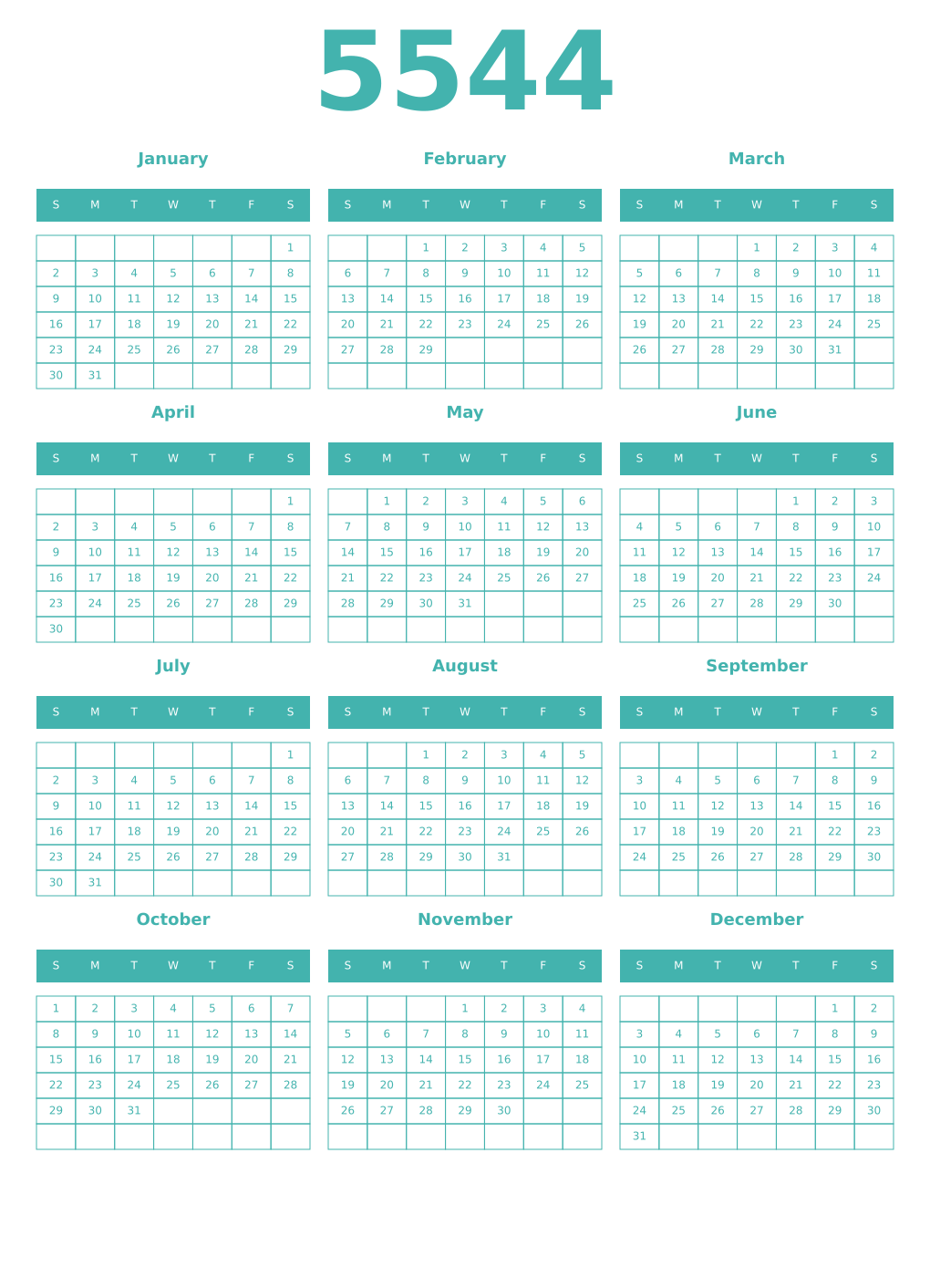 Printable 5544 Year Calendars verdigris