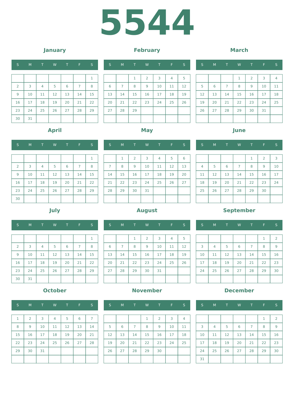 Printable 5544 Year Calendars viridian