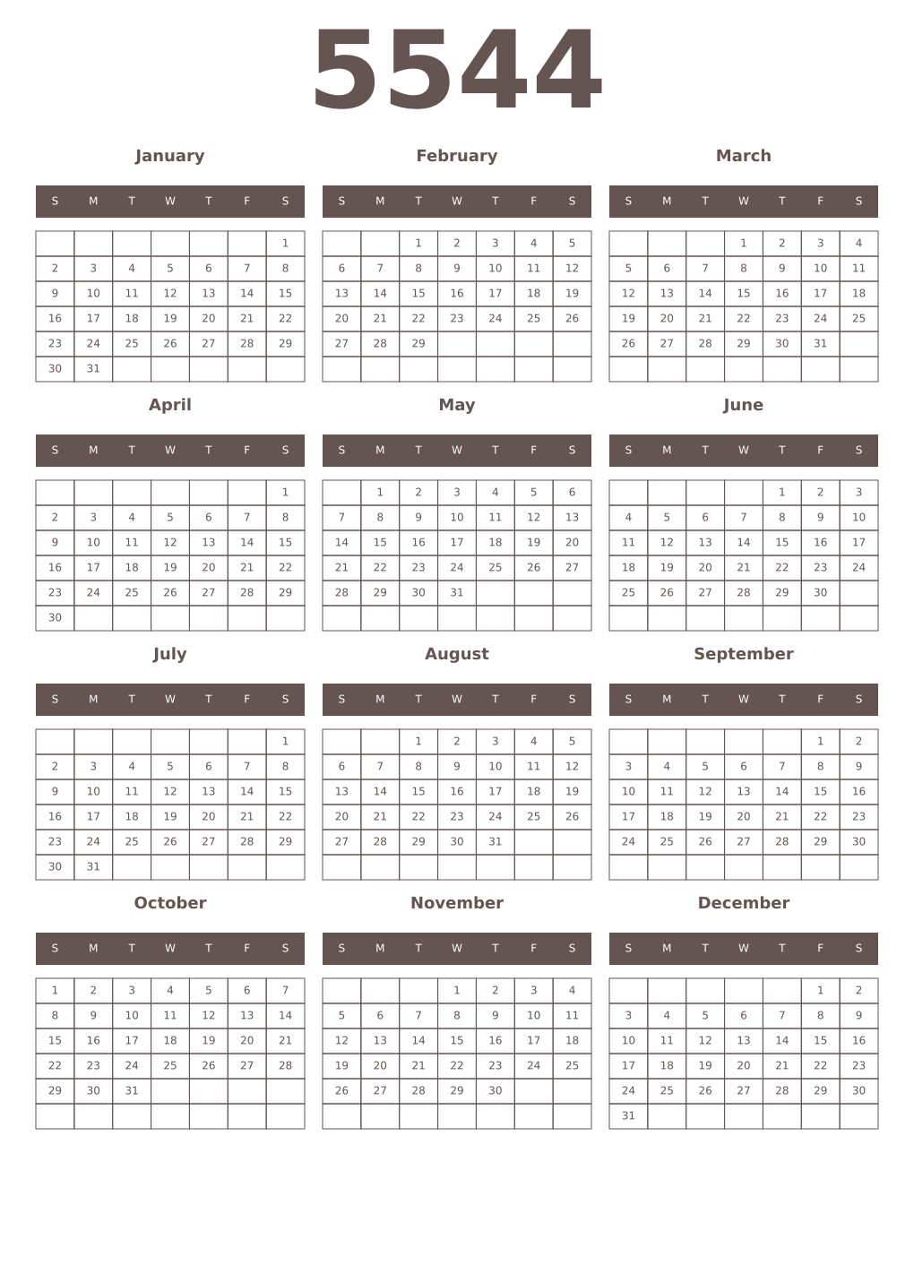 Printable 5544 Year Calendars wenge