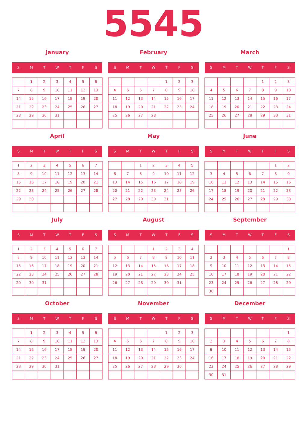 Printable 5545 Year Calendars amaranth