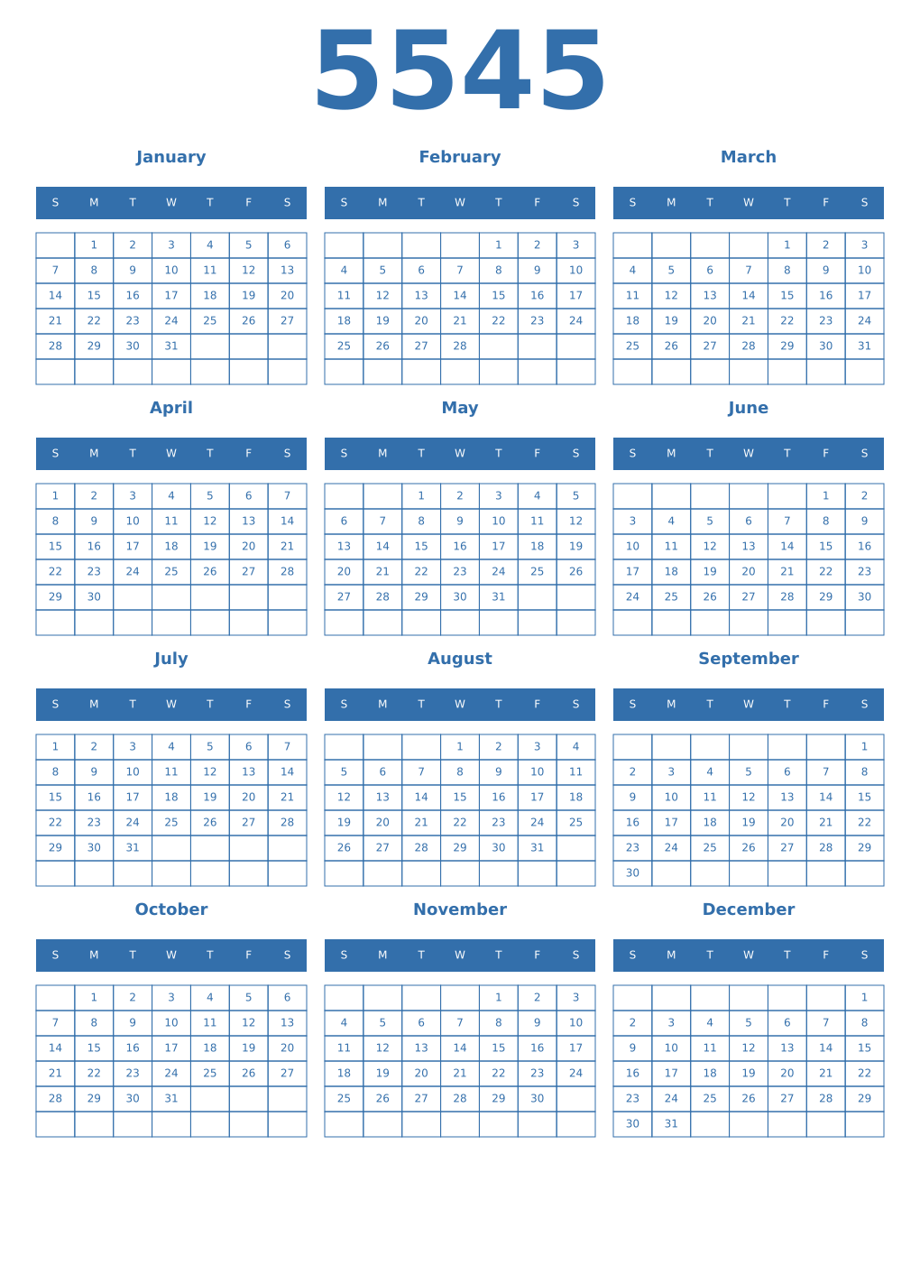 Printable 5545 Year Calendars blue