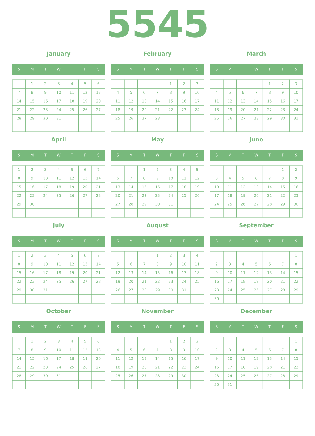Printable 5545 Year Calendars celadon
