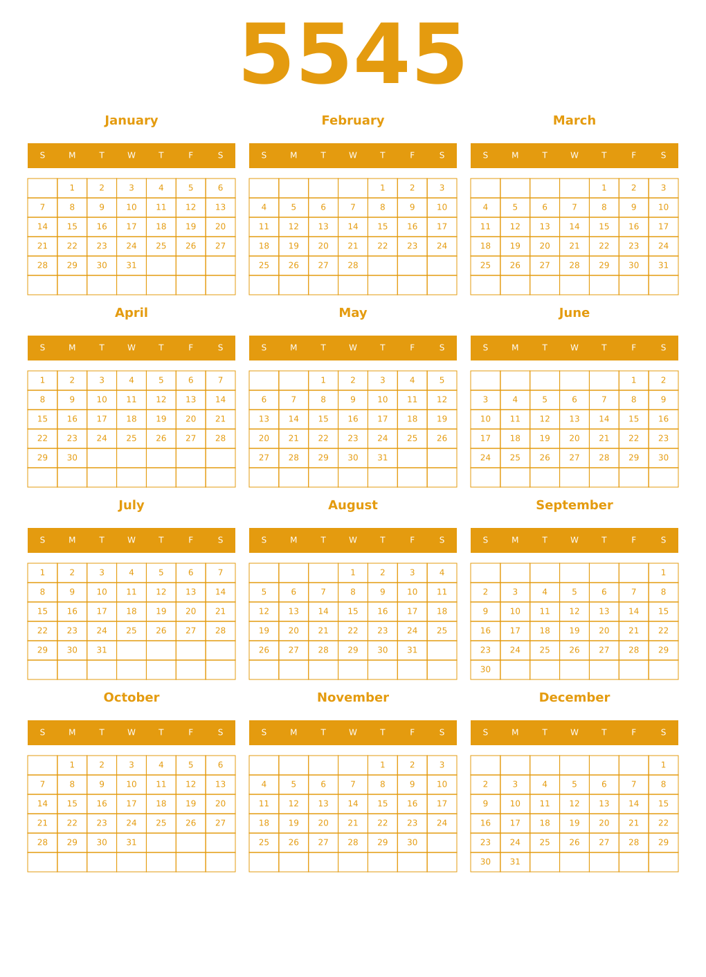 Printable 5545 Year Calendars gamboge