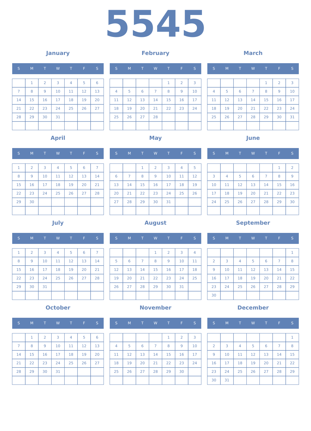 Printable 5545 Year Calendars glaucous