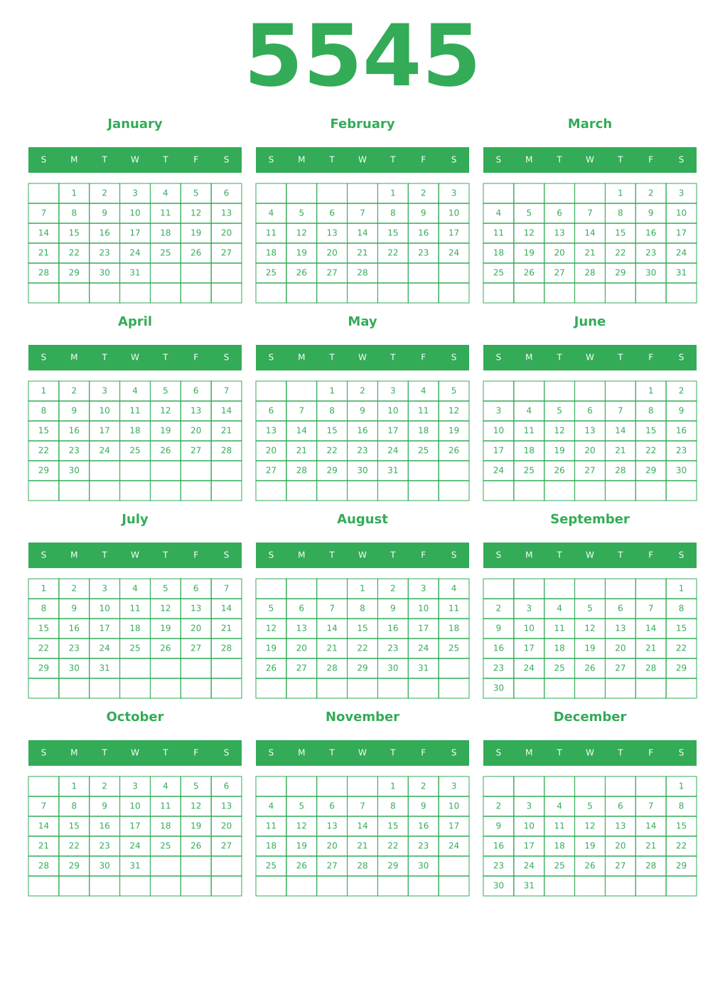 Printable 5545 Year Calendars green