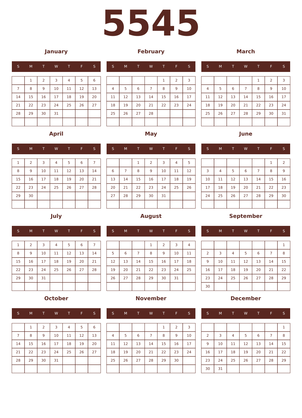 Printable 5545 Year Calendars mortuum