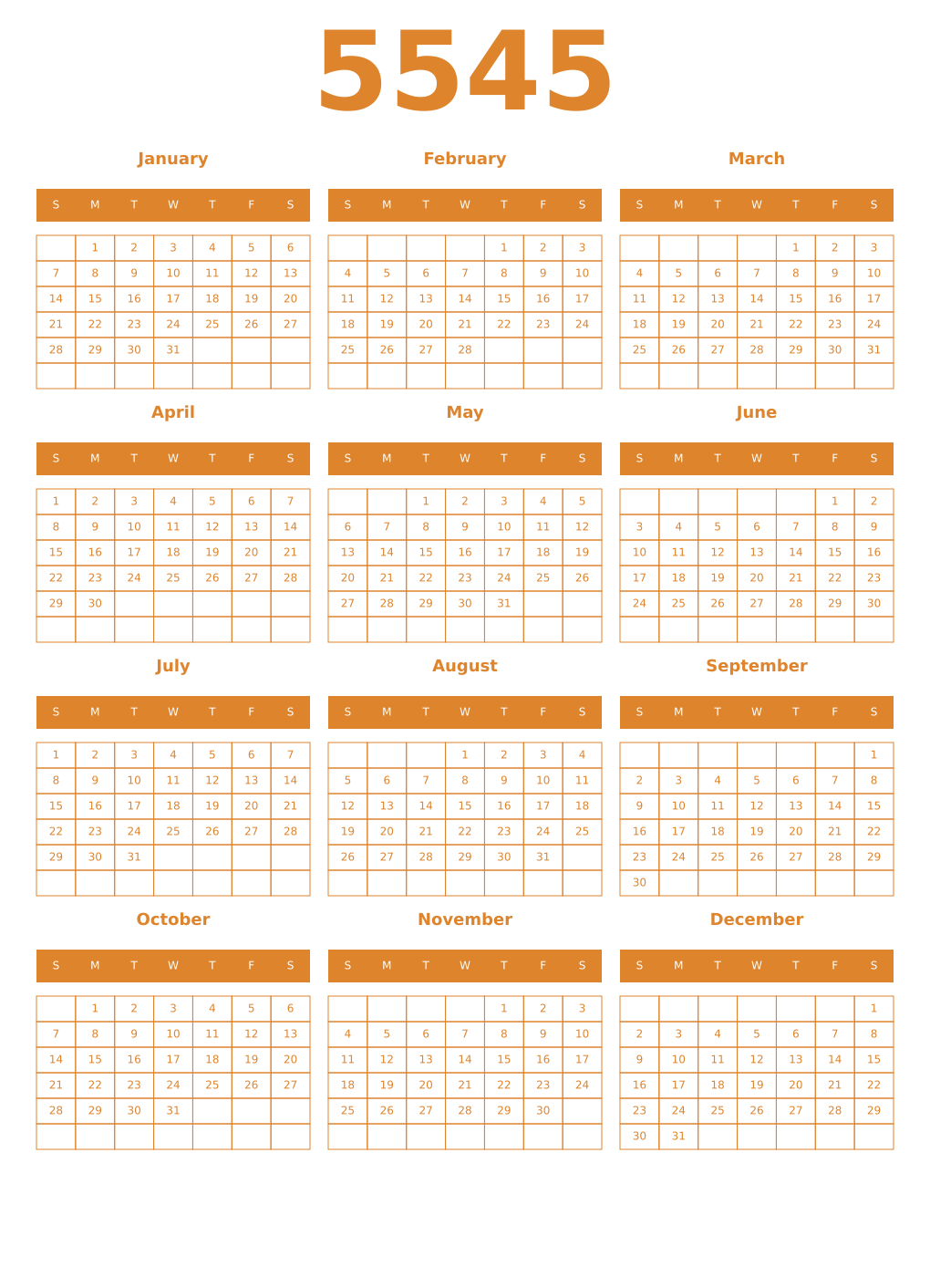 Printable 5545 Year Calendars orange
