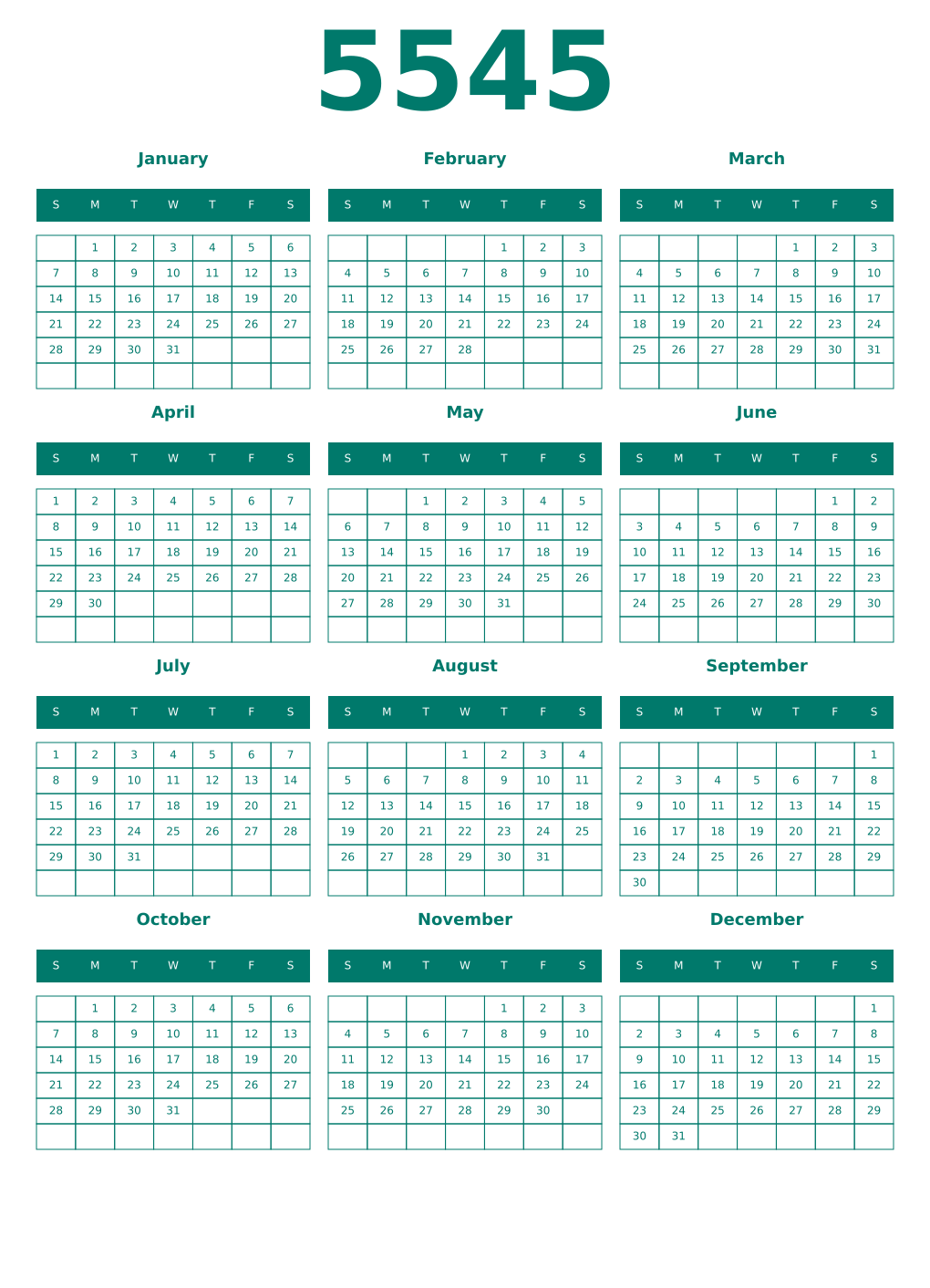 Printable 5545 Year Calendars pastel