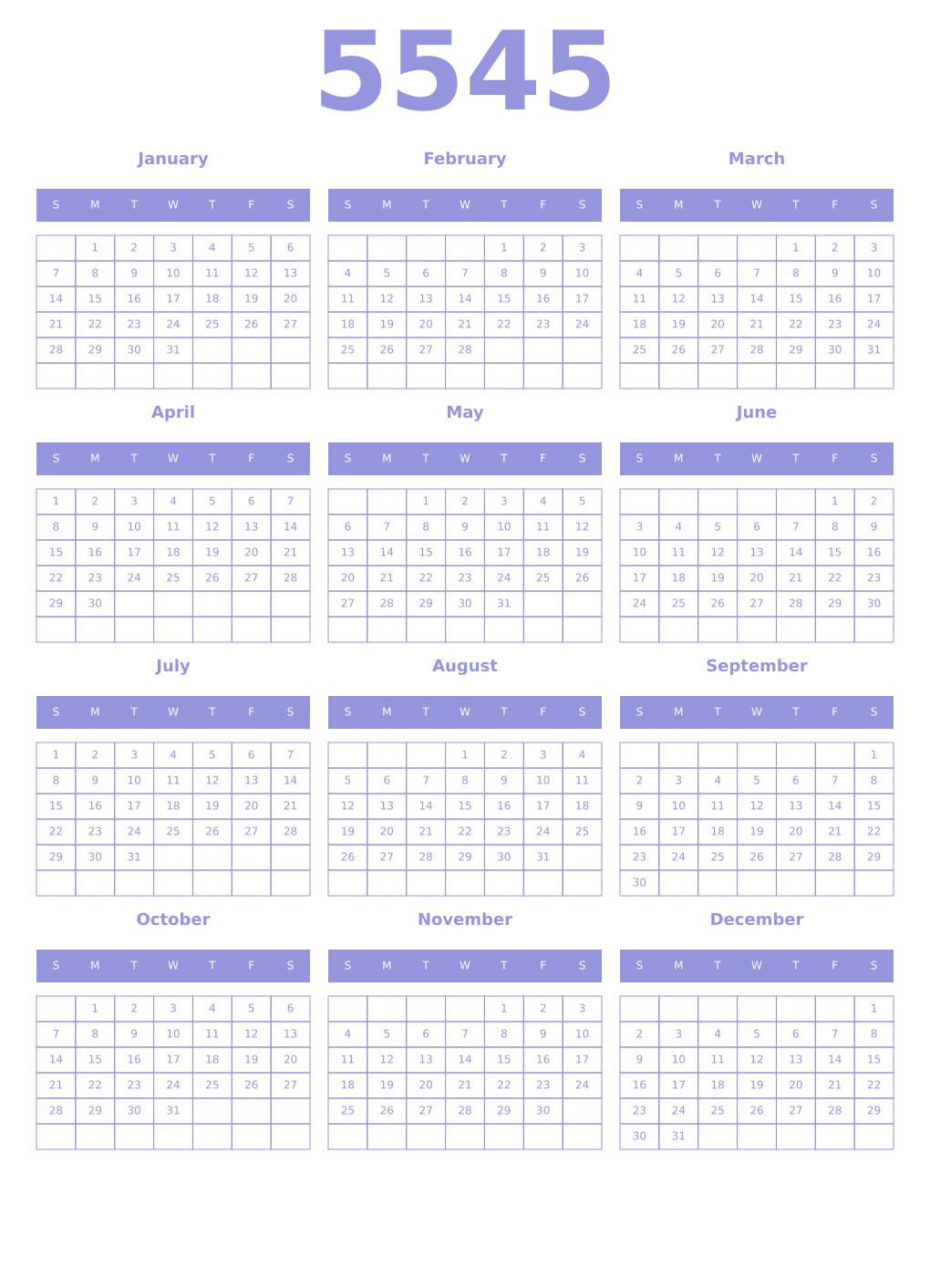 Printable 5545 Year Calendars periwinkle