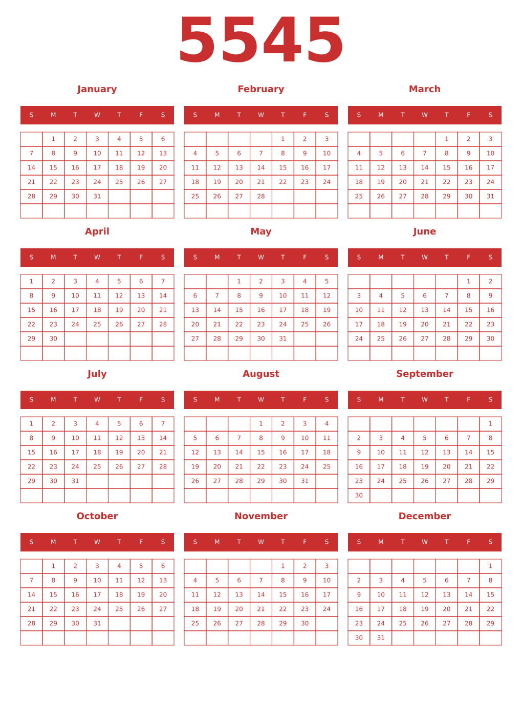 Printable 5545 Year Calendars red