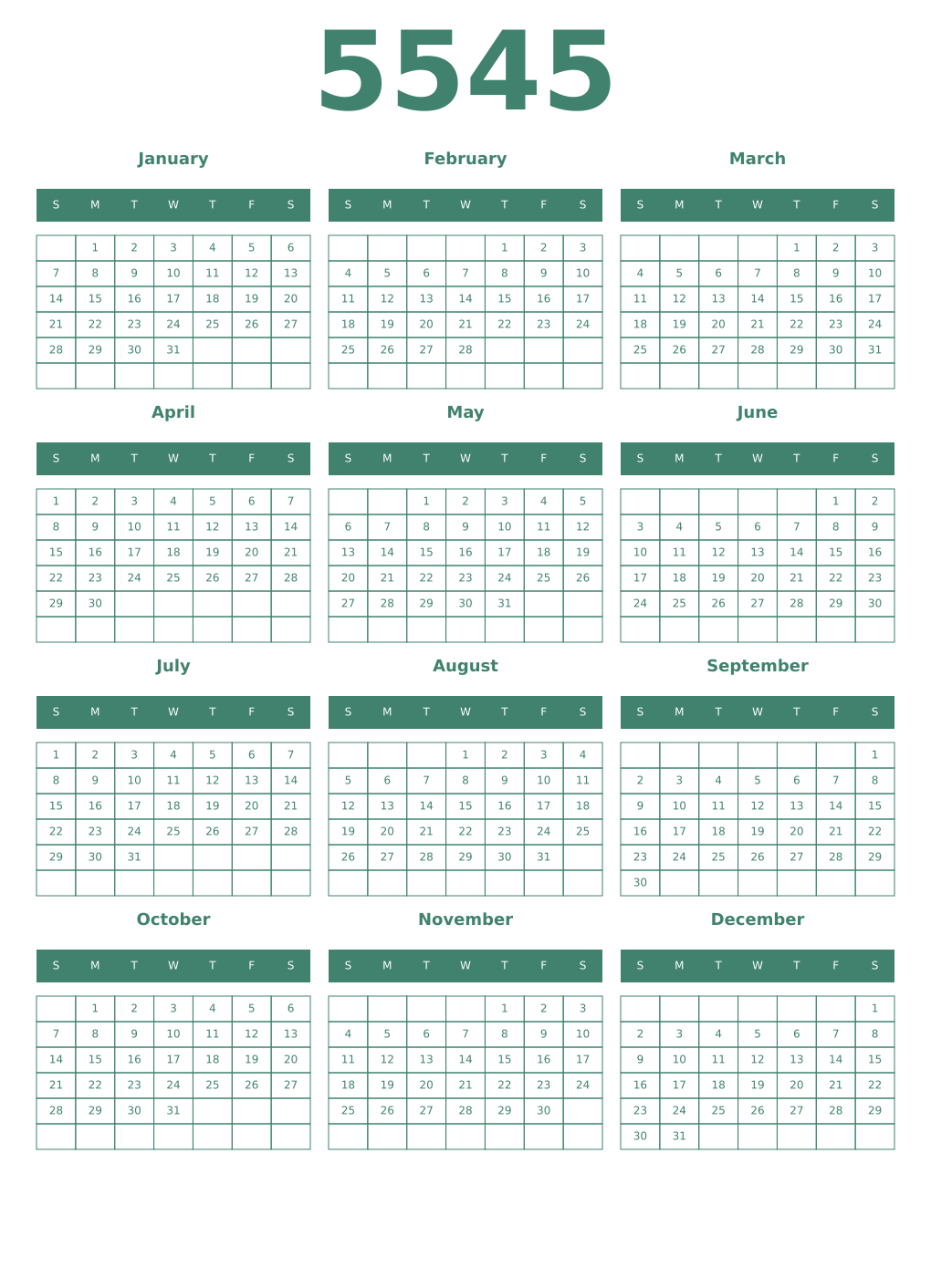 Printable 5545 Year Calendars viridian