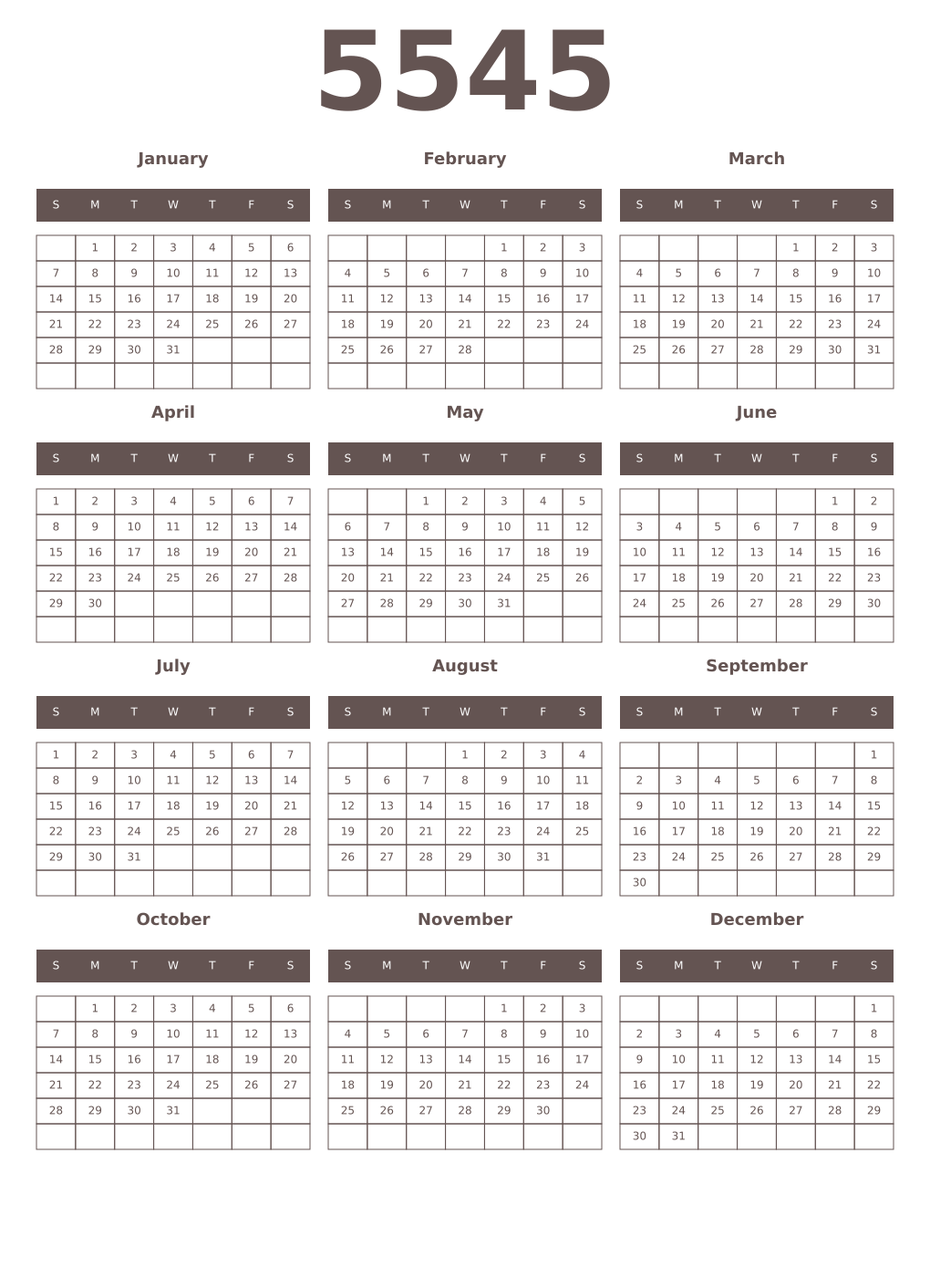 Printable 5545 Year Calendars wenge