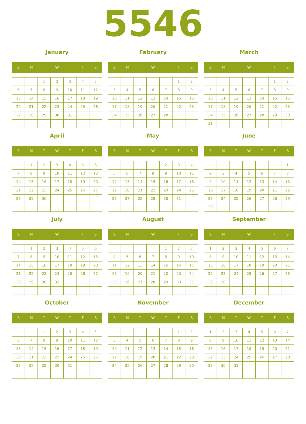 Printable 5546 Year Calendars chartreuse