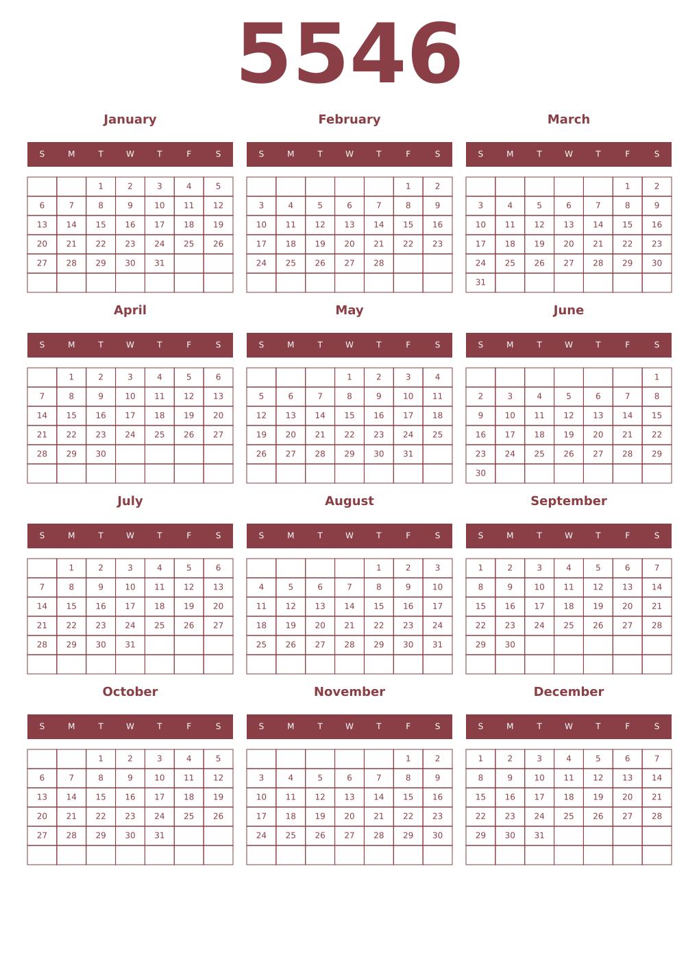 Printable 5546 Year Calendars cordovan