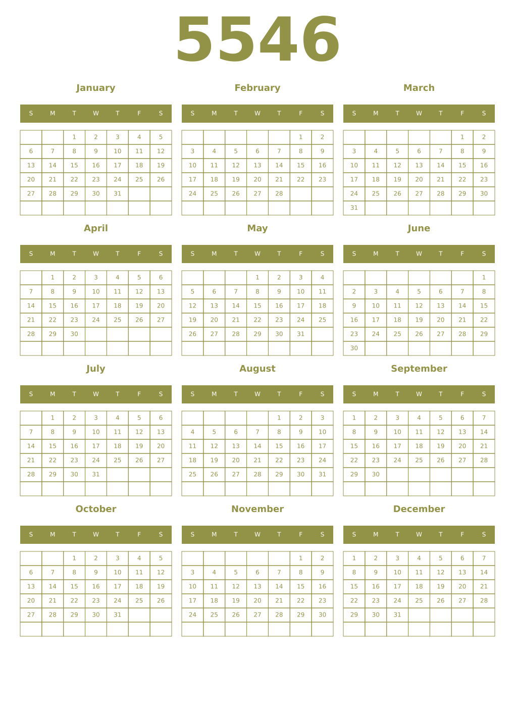 Printable 5546 Year Calendars eburnean