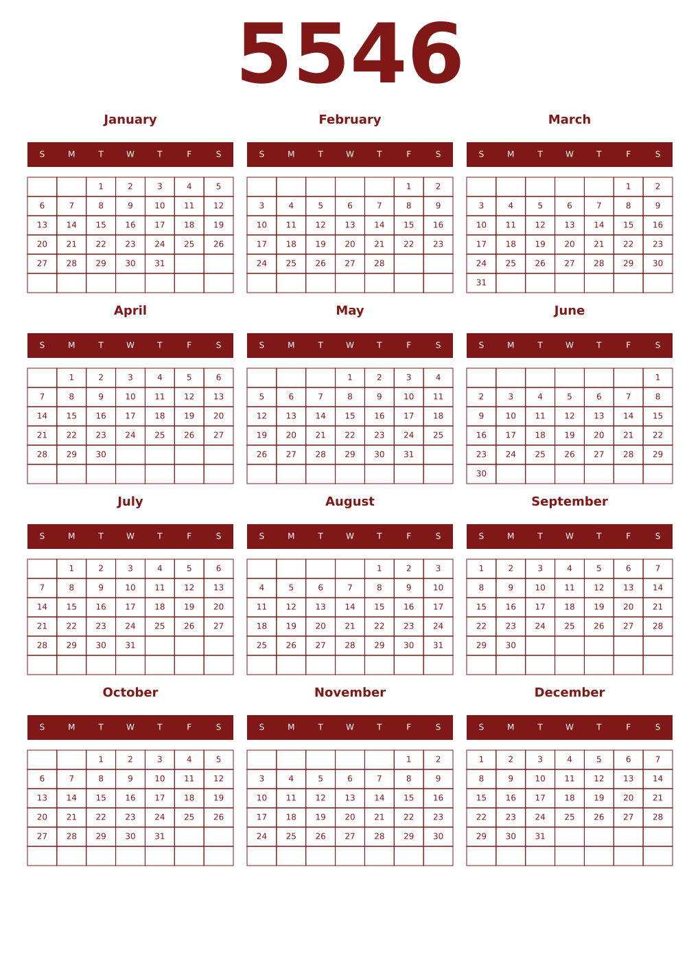 Printable 5546 Year Calendars falu
