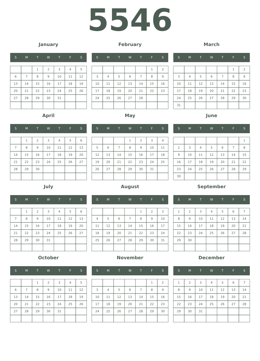 Printable 5546 Year Calendars feldgrau