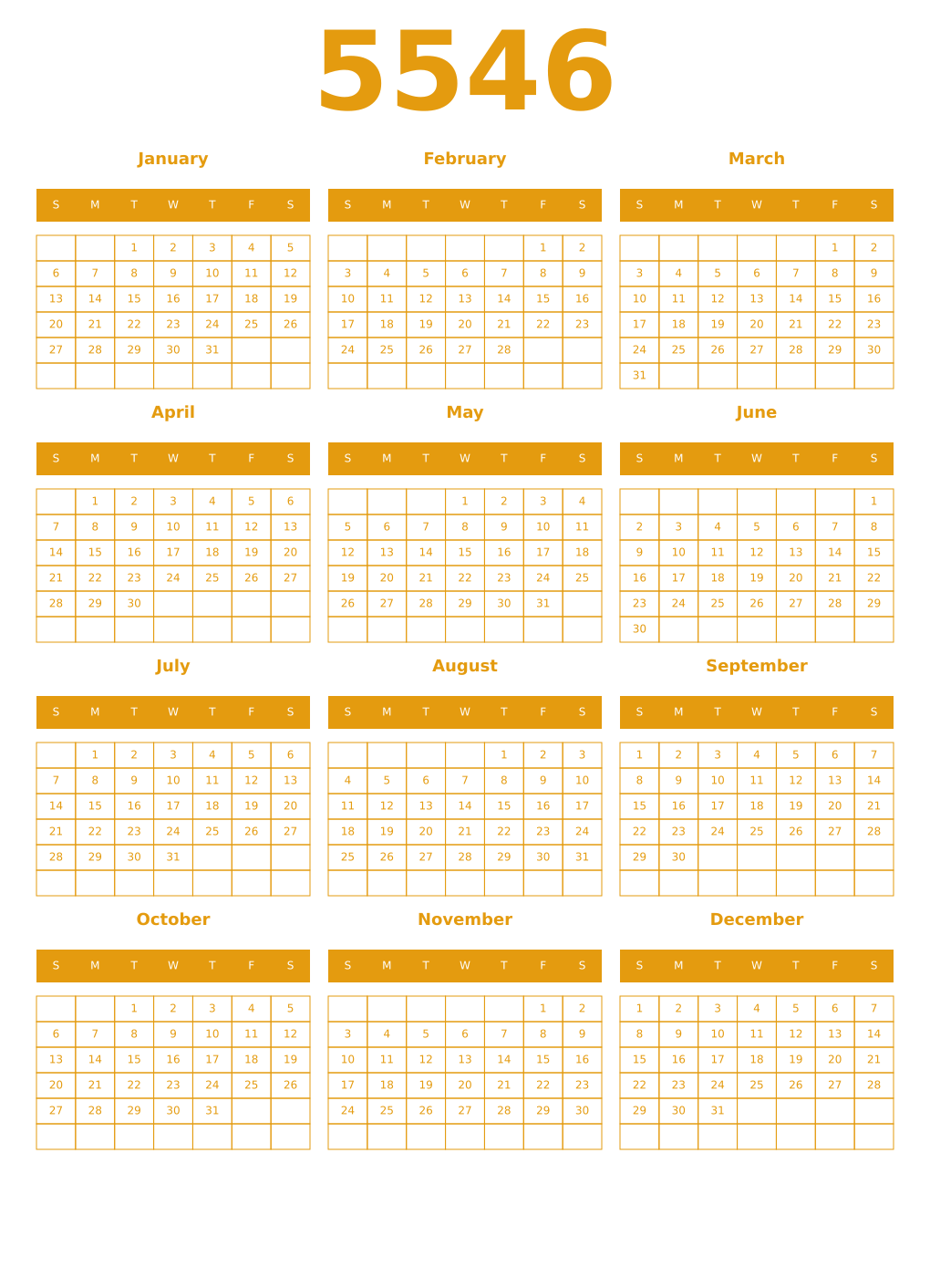 Printable 5546 Year Calendars gamboge