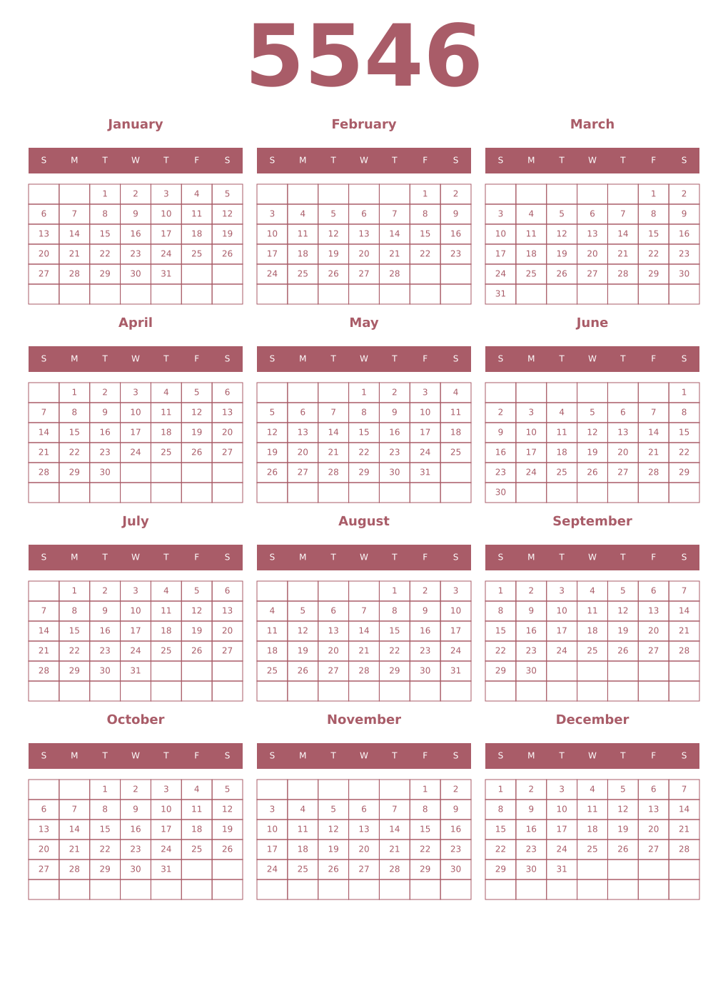 Printable 5546 Year Calendars puce