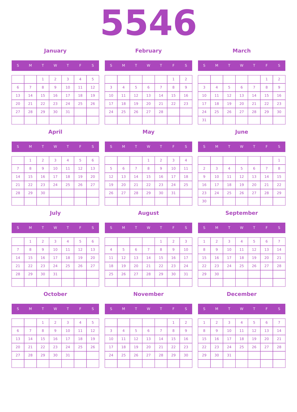 Printable 5546 Year Calendars purple