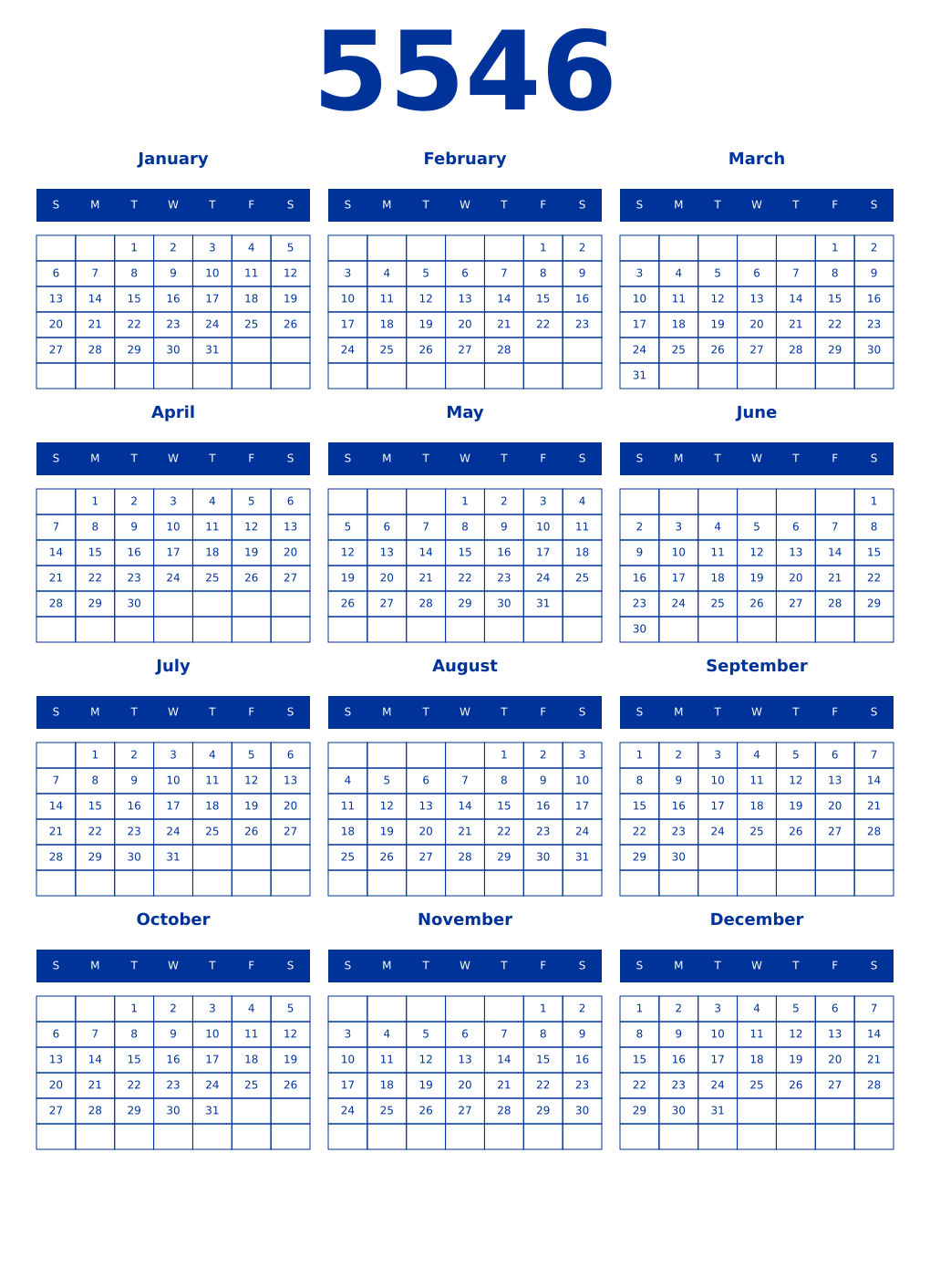 Printable 5546 Year Calendars smalt