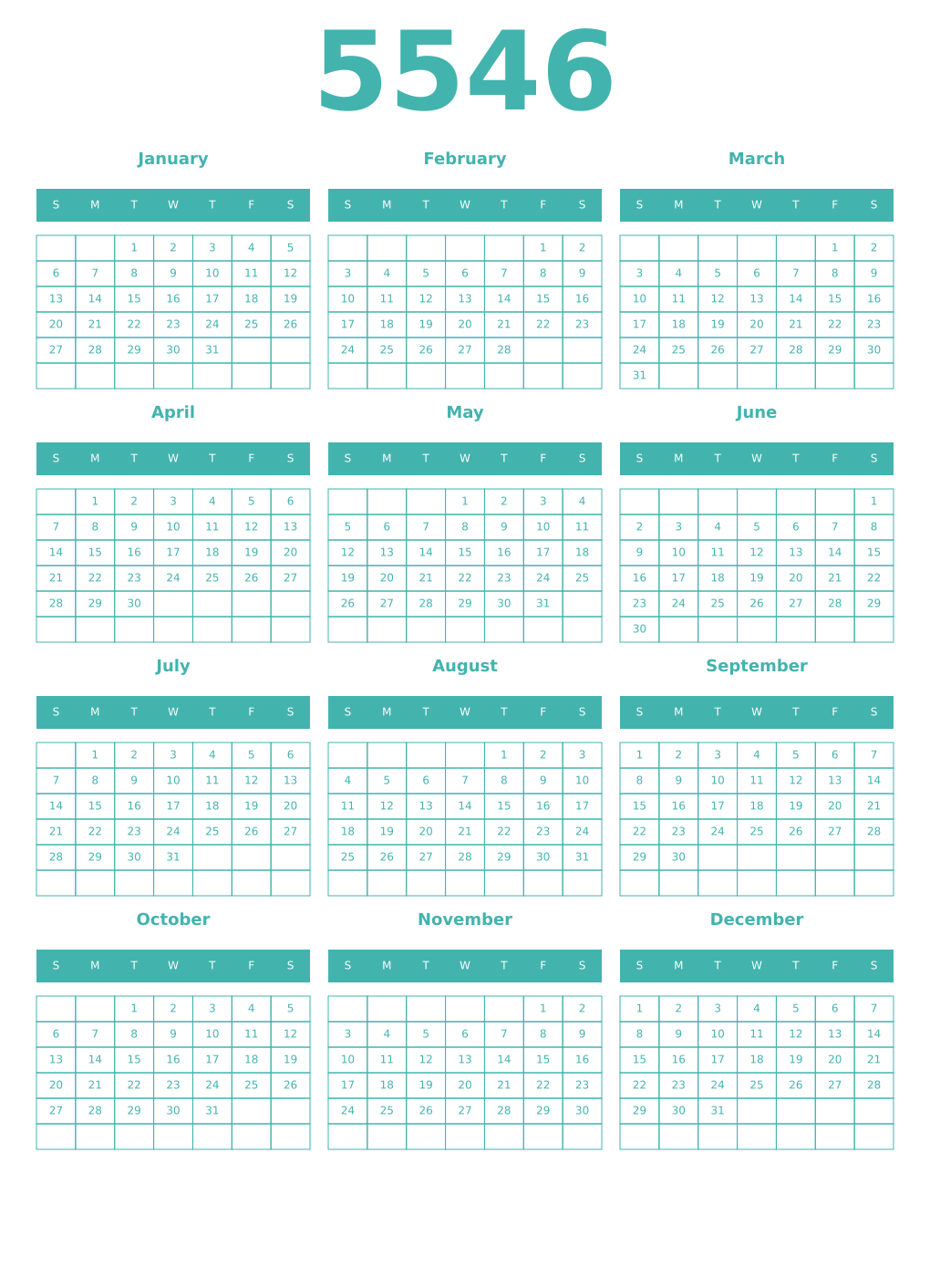 Printable 5546 Year Calendars verdigris
